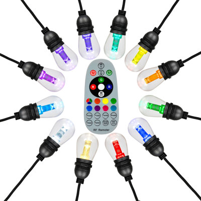 Outdoor Color Changing LED S14 String Lights with Remote, 24 Feet RGB, 12 Shatter Resistant Bulbs on Wire