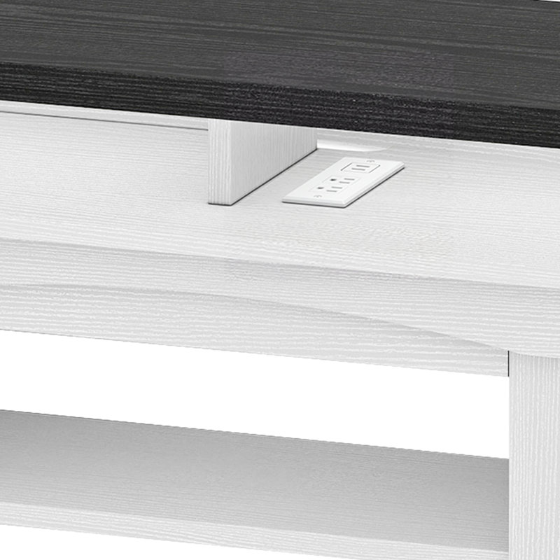 Meuble télé de style champêtre avec éclairage DEL, rangement à porte vitrée et ports de chargement intégrés pour le salon