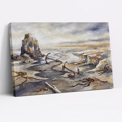 "Rusty Anchors on Sandy Beach" près de Sea Stack, impression sur toile