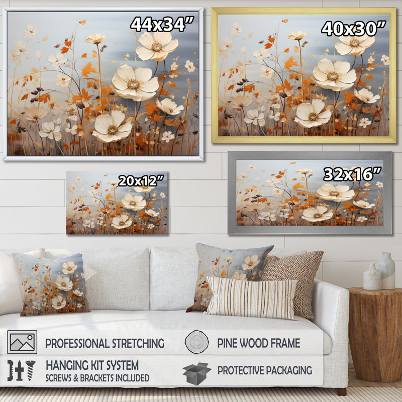 Attilio - blanc, orange, minimalisme, collage de fleurs - impression, Cadre naturel flottant, H 16 po x l 32 po x P 1 po