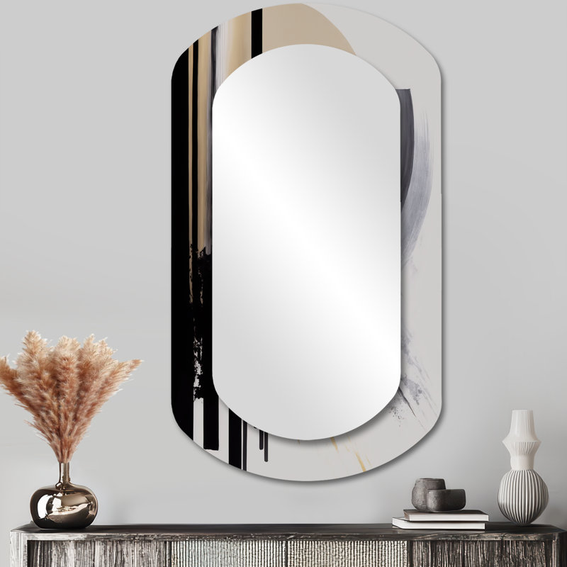 Black, White And Gold Expression IV - Abstract Cylinder Wall Mirror, Modern Asymmetrical Decorative Mirror, Printed Metal Art