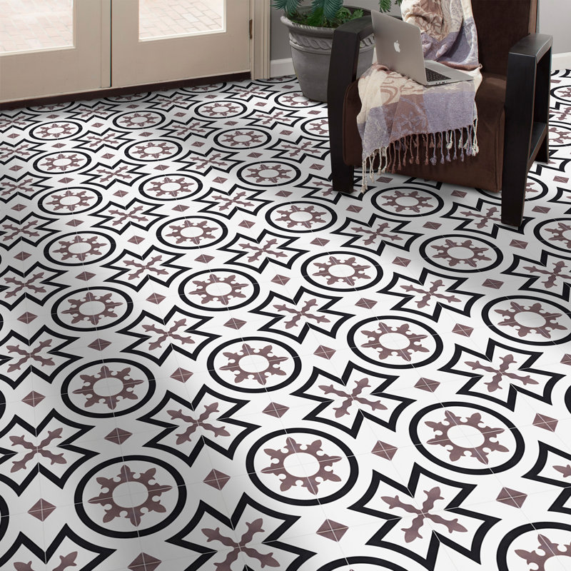 Carreau de ciment à motif de ciment 8 po x 8 po Ozod, Noir / blanc / Mauve