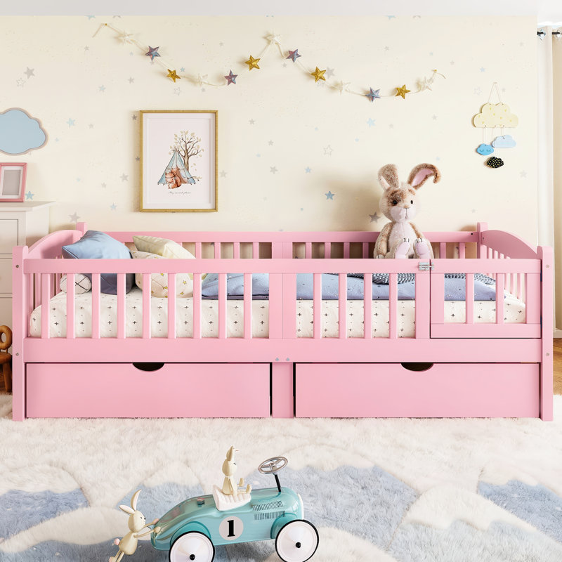 Pink Twin Xl Bed For With Guardrails, Storage Drawers, And A Sweet Headboard Platform Childlike Appearance, Strong Mattress Support