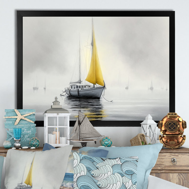 Bateau ancré III - art mural bateau côtier, Cadre simple noir, H 12 po x l 20 po x P 1 po