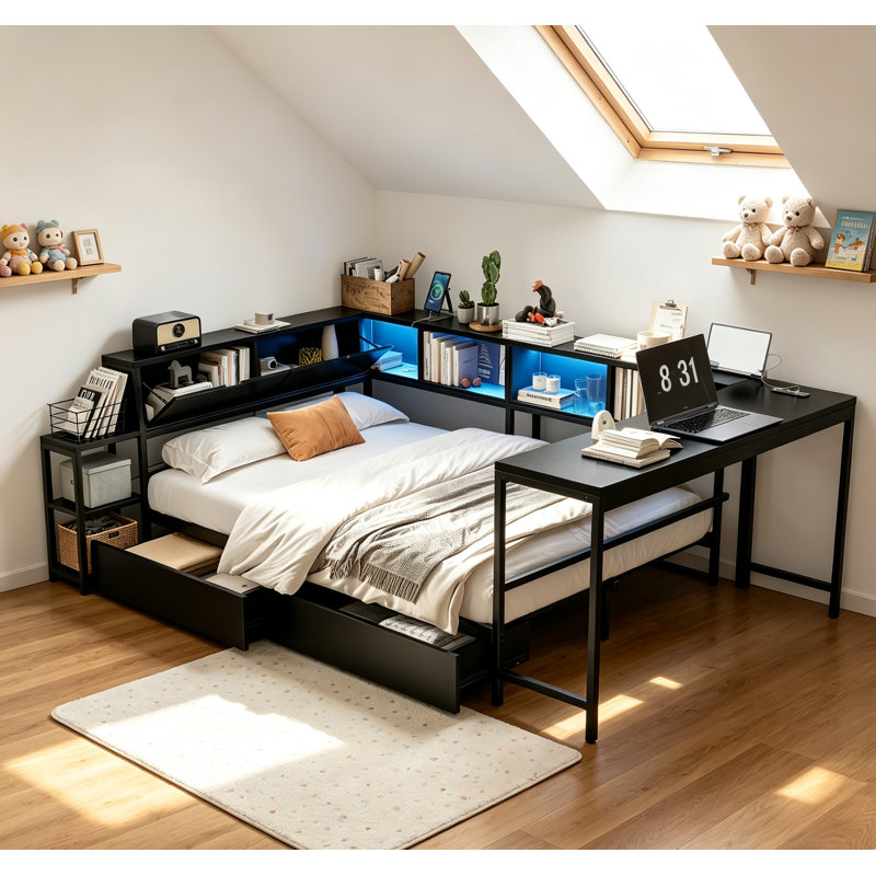 Cadre de lit d'angle avec bibliothèque, 2 tiroirs de rangement sous le lit et casiers de rangement ouverts, lit de jour moderne en métal avec lumière DEL et station de charge pour les petits espaces