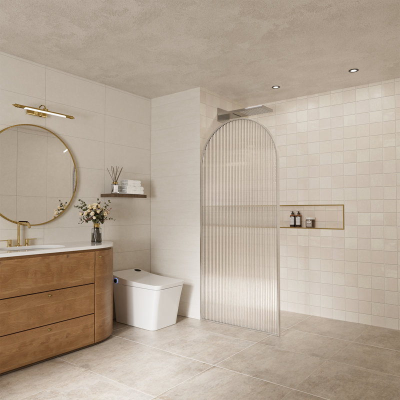 34"W x 78"H Fixed Framed Shower Screen Panel,3/8" Striped Fluted Glass and 304 Stainless Steel Frame, Brushed Nickel