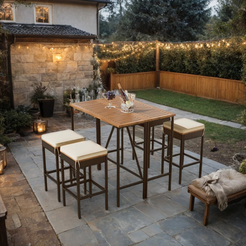 5-Piece Acacia Wood Bar Set – Foldable Table & Rattan Stools (Brown, All-Weather)