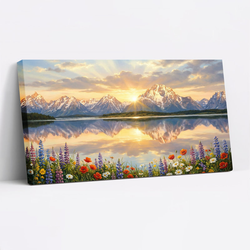 Ensemble de 1 tableau sur toile tendue représentant un coucher de soleil sur un lac de montagne avec des fleurs sauvages