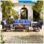 Ensemble de meubles de patio 4 pièces avec fauteuils pivotants, canapés en osier d'extérieur pour 5 personnes, ensemble de conversation modulaire en rotin pour terrasse près de la piscine, bleu