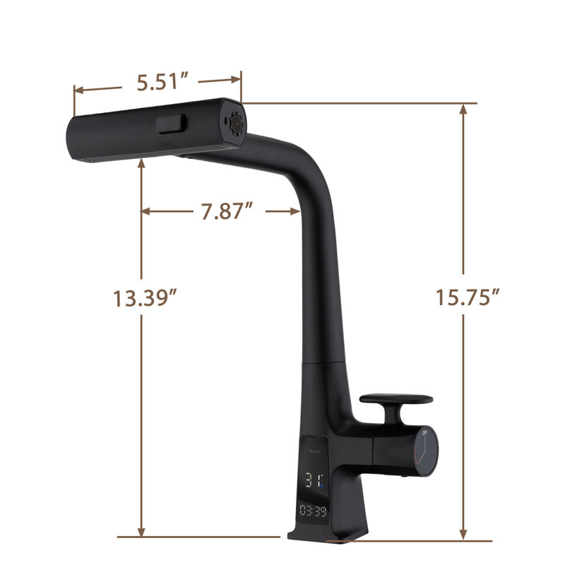 Matte Black Kitchen Faucet With Pull Down - Temperature Display Feature Single Handle And Three Water Outlet Patterns  Stream, Spray, Rainfall  For Sink & Objects