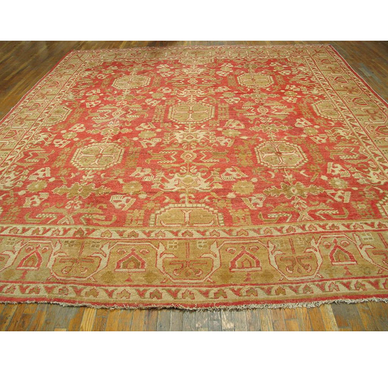 Attractive Apricot Ground & Beige Geometric Desing Antique Turkish Oushak Rug