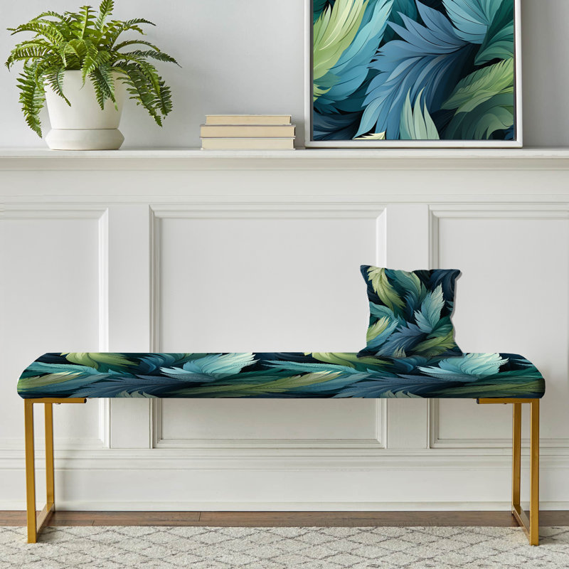 Blue And Teal Parrot Feathers - Abstract Upholstered Gold Bench