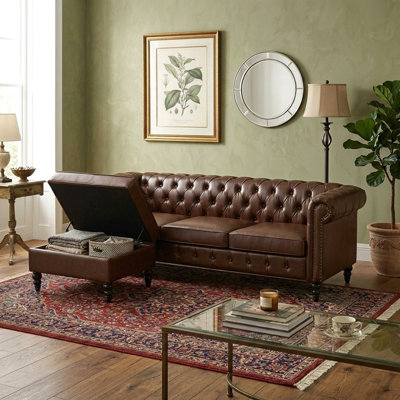 U-style 85" Modern 4-Seater L-Shaped Sectional Sofa with Storage Ottoman, Modular PU Leather Couch with Tufted Back, Rivet-Decorated Curved Armrests a