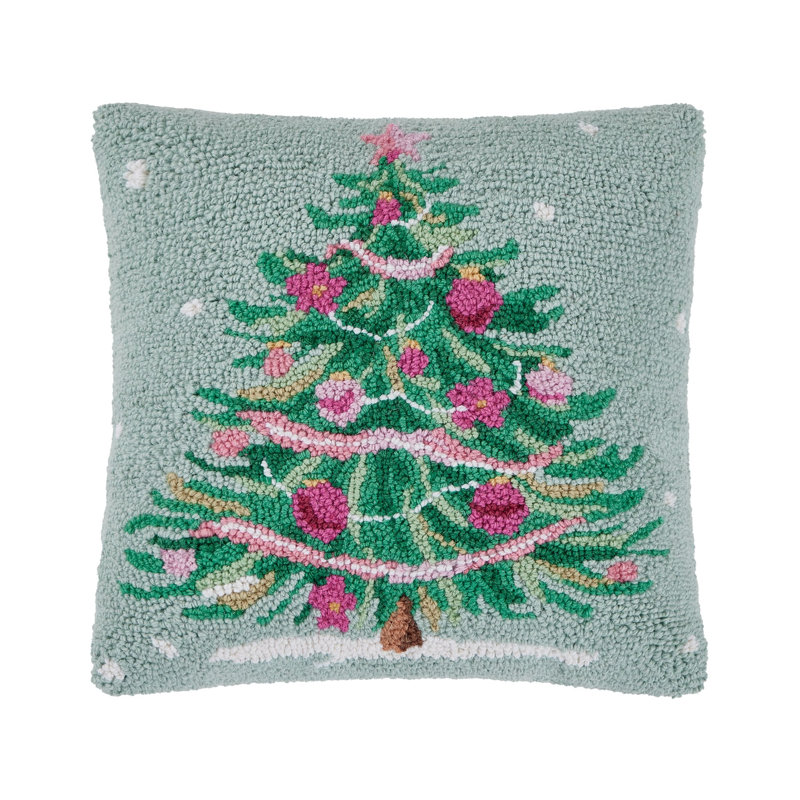 Coussin en laine rose et vert, Arbre 16 x 16 po