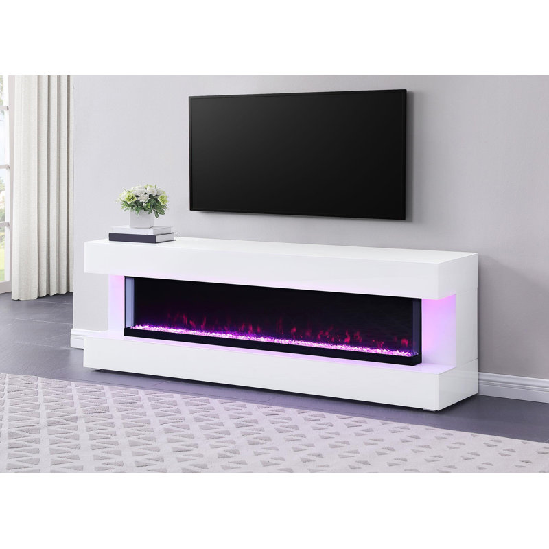 71" TV Stand with Visual Flame Box Grey Mirror, White