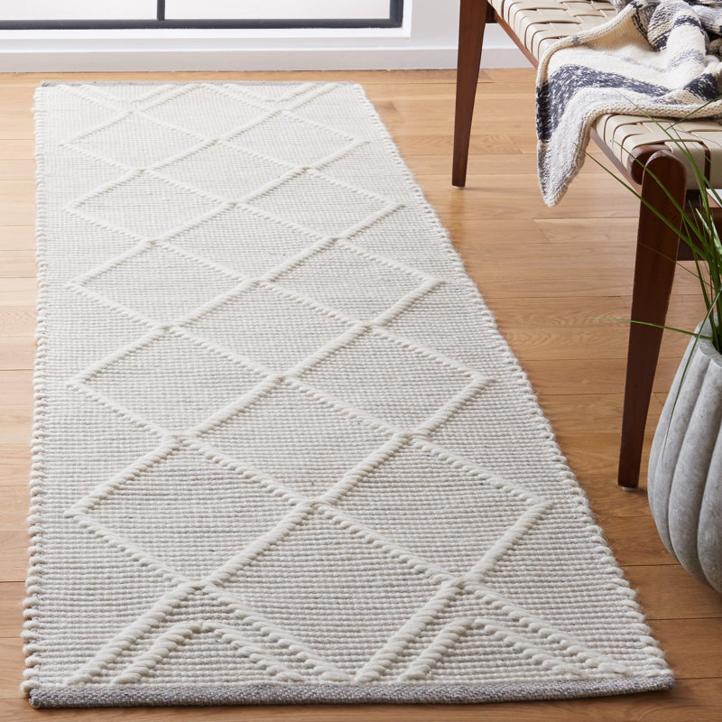 Tapis gris / ivoire en laine et coton tissé à la main Jacques, Tapis de couloir 2 pi 3 po x 8 pi