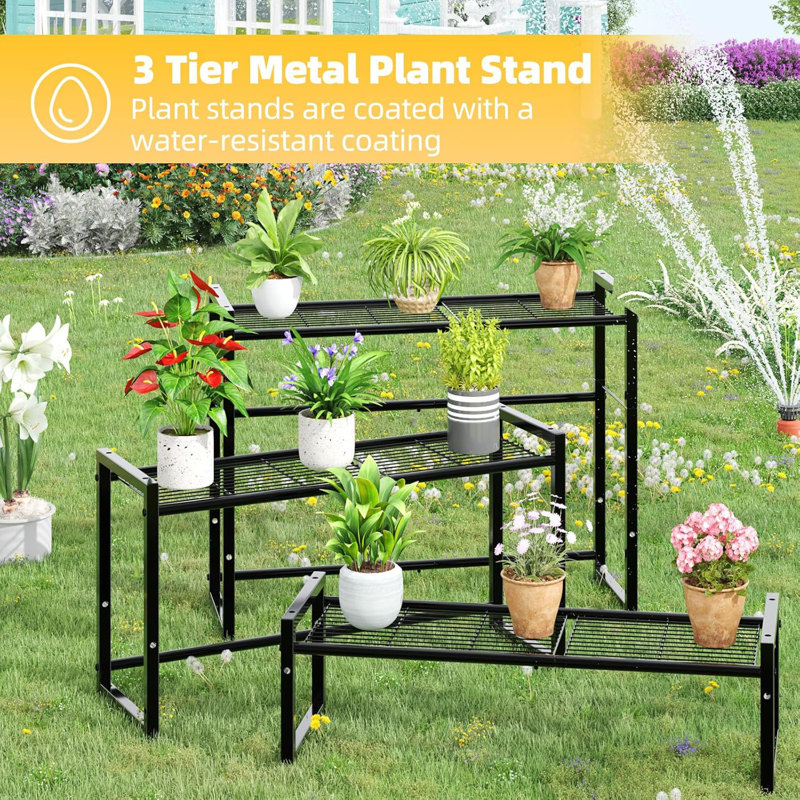 Black Metal 3-Tier Stackable Plant Stand for Indoor/Outdoor Use