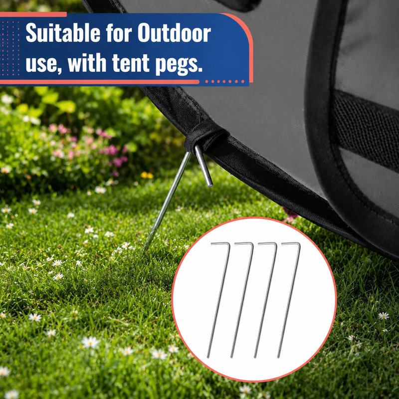 Cage de transport pliable de 91 cm pour chiens de taille moyenne, étanche et facile à monter grâce à sa fermeture éclair. Cage de voyage légère pour une utilisation intérieure et extérieure. Comprend des sangles d'attache et des piquets pour le sol. Couleur : gris.