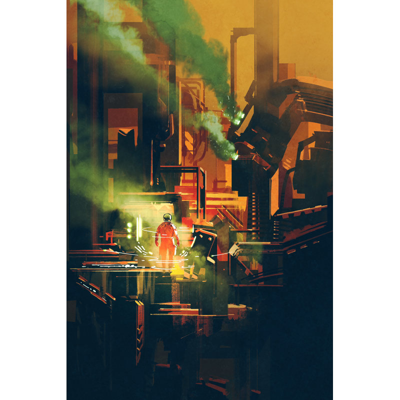 Red Astronaut Standing On Futuristic Architecture,Illustration by Grandfailure - Wrapped Canvas Print