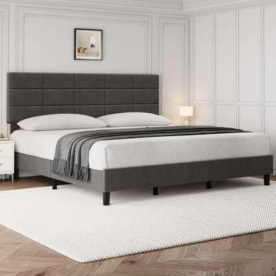 Structure de lit plateforme avec tête de lit, lit en bois rembourré en lin gris, aucun sommier tapissier nécessaire avec support de lattes en bois robuste de 700 lb