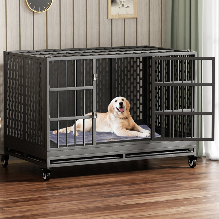 Black RERORD 48 Inch Heavy Duty Dog Crate With Wheels, Folding Metal Big Dog Cage Extra Large Dog Crate