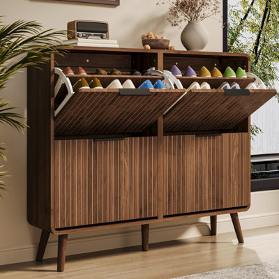 Walnut Flip-Door Shoe Cabinet with Double-Tier Storage