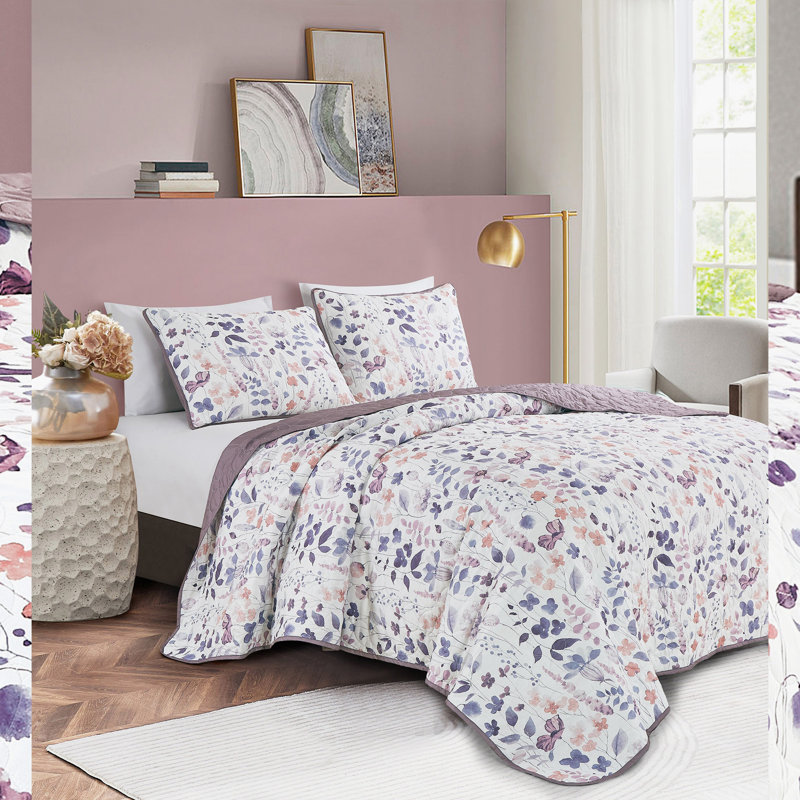 Ensemble de couvre-lit 3 pièces en microfibre imprimée - literie à motif floral élégant en microfibre douce, Mauve