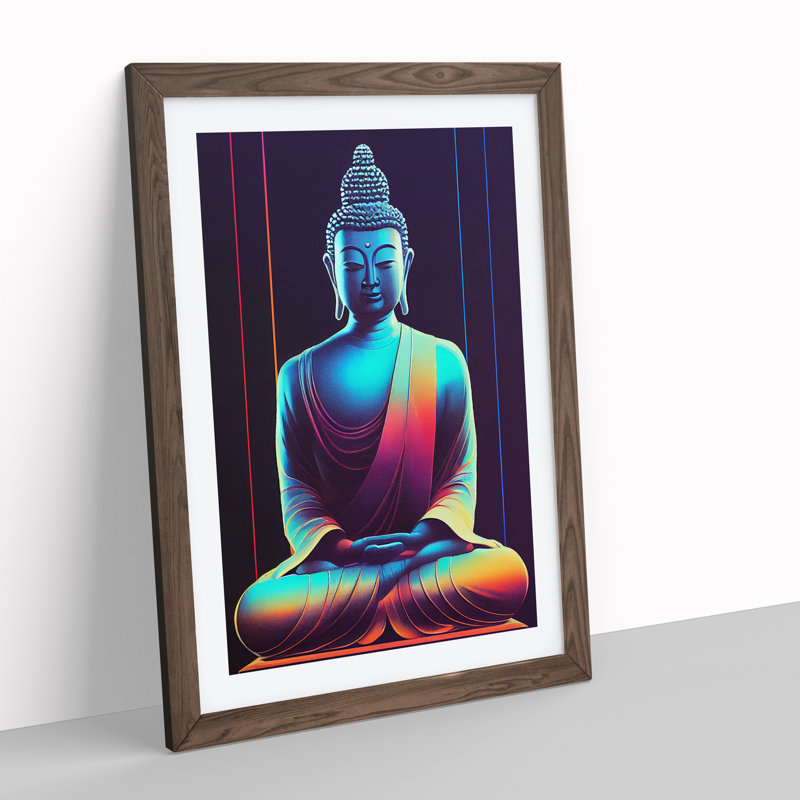 Buddha in Neon - Wall Art, 66cm H x 48cm W x 2cm D, Walnut Framed, White