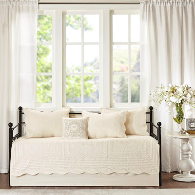 Twin Size Daybed Cover In Cream - 6 Piece With Reversible Scalloped Edge, Cotton Filling And Matching Items Edge Fill For Mattress Decorative
