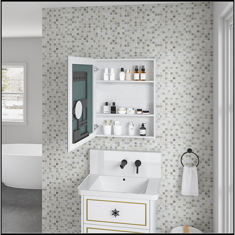 Modern 24'' W X 30'' H Bathroom Mirror Medicine Cabinet - Wooden Door Medicine Cabinets For Bathroom, Wall Mounted Recessed Or Surface, Bathroom Mirror With Storage, Left Opening Door