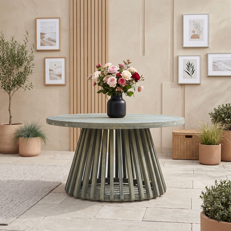 Table basse d'extérieur ronde en bois d'acacia avec base à piédestal à lattes, Gris