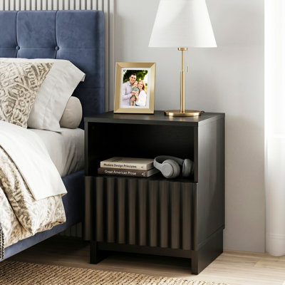 Modern Fluted Nightstand with Open Shelf and Storage Cabinet, Black Wood Grain Bedside Table with Raised Legs, Small Side Table End Table for Bedroom, Living Room, Apartment