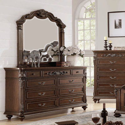 Traditional Formal Antique Cherry / Antique Walnut Unique Design Dresser W Mirror Drawers Storage Bedroom Furniture