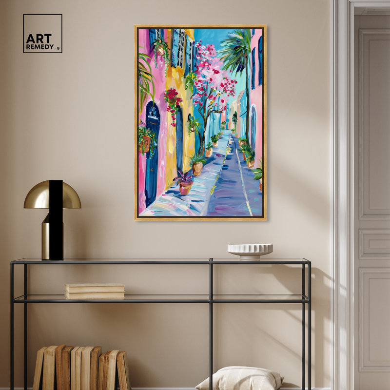 Art Remedy The Colorful Streets, cadre coloré bord de mer 57423, Encadrement doré, H 37 po x l 25 po