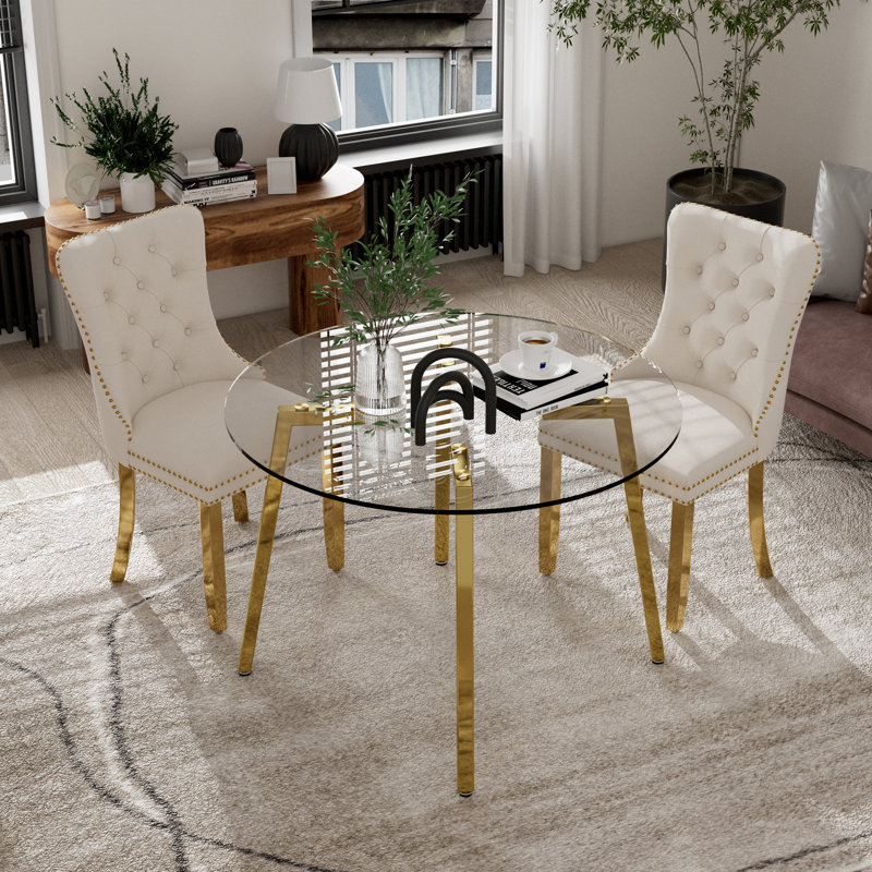 Ensemble de table de salle à manger ronde en verre, Beige, Doré, 3