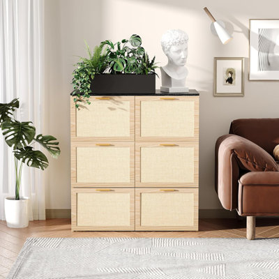 Twin Size Rattan Murphy Bed With Storage Drawer, Space-Saving Cabinet Bed For Kids,Adults And Guests,Beige