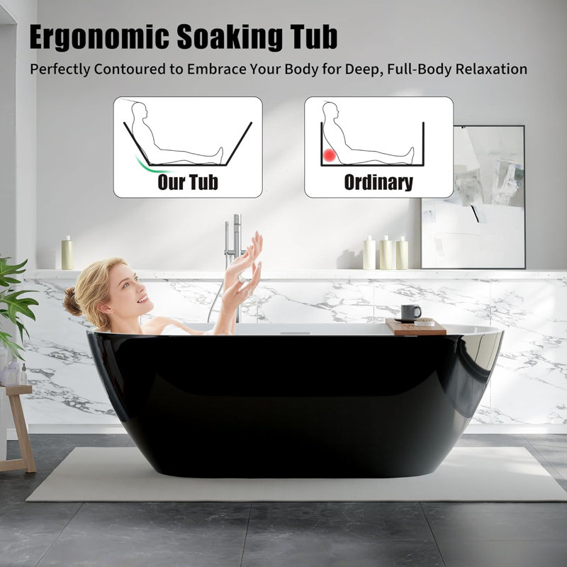 Freestanding Bathtub 59/67 inch Acrylic Soaking Tub with Chrome Drain and Overflow, Compact Modern Bath for Bathroom Upgrade and Relaxing Home Spa Experience