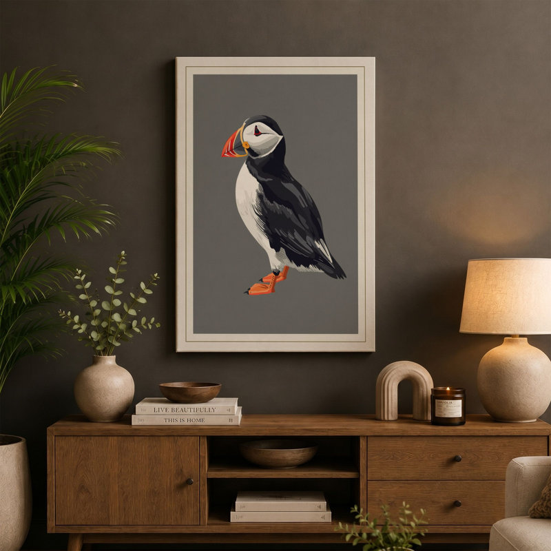 Puffin Profile Botanical - Wrapped Canvas, 24x16 - 61.0 x 40.6 cm, White Border