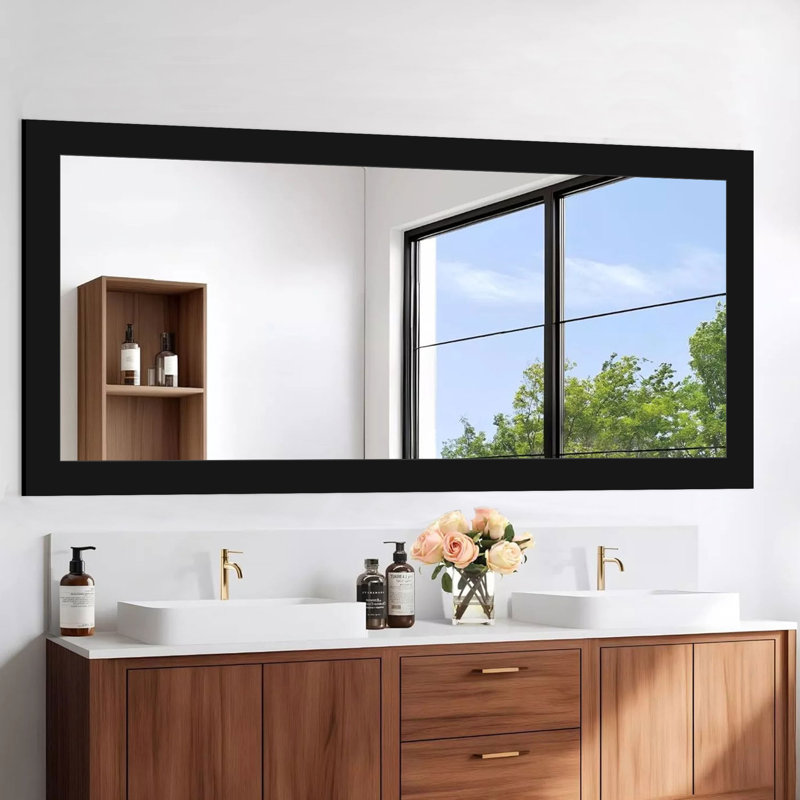 Wooden Frame Flat Mirror, Black, 65" x  30"