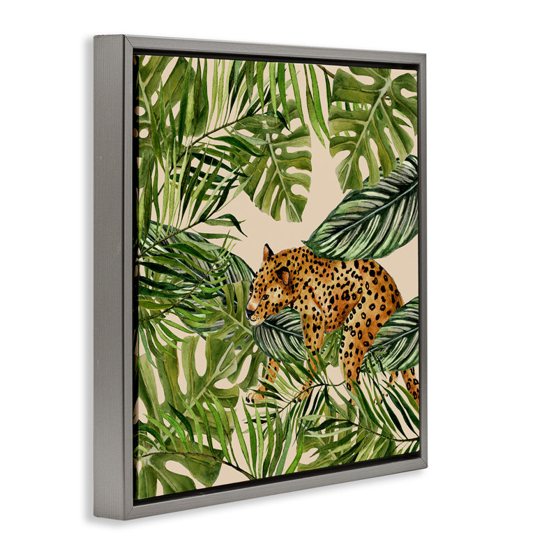 «Botanical Leopard on Branch», art mural sur toile flottante par Janet Tava, H 18 po x l 18 po, Cadre flottant gris lustré