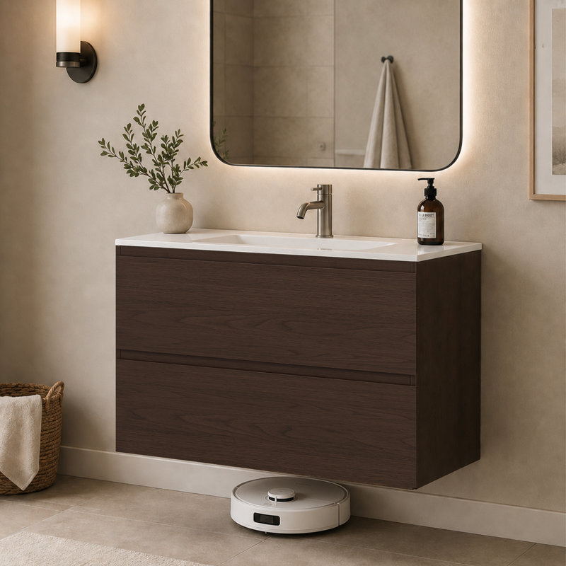Sylvan 36" Single Wall-Mounted Floating Bathroom Vanity with Ceramic Sink,Dark Walnut,Hardwood Plywood, Dark Walnut, 36"