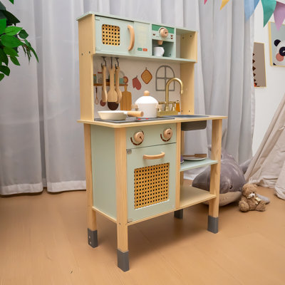 Vintage Green Kids Play Kitchen Set – Realistic Pretend Play with Storage & Sound Effects