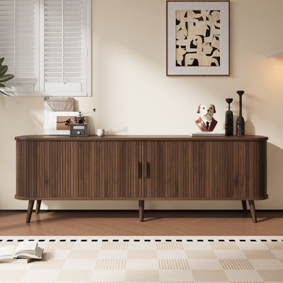 Meuble télé 70 po avec pieds en bois massif et portes à lattes, capacité de 110 lb pour téléviseur de 80 po
