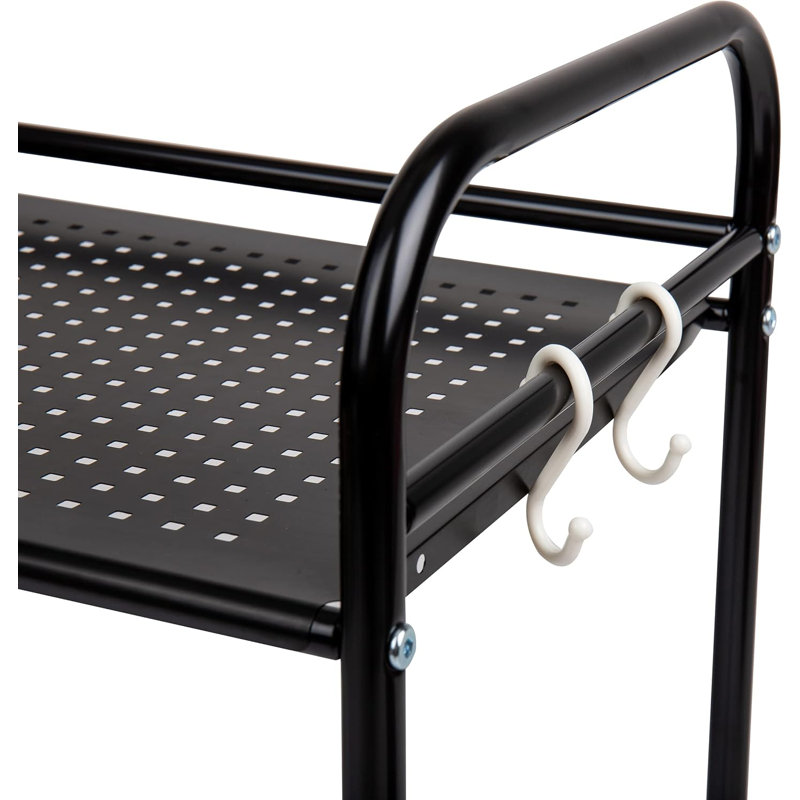 Black Metal Microwave Stand with Hooks and Shelf