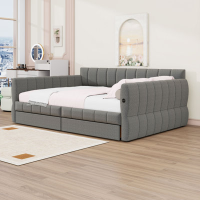 Queen Size Upholstered Daybed with Built-In USB Ports and Dual Storage Drawers