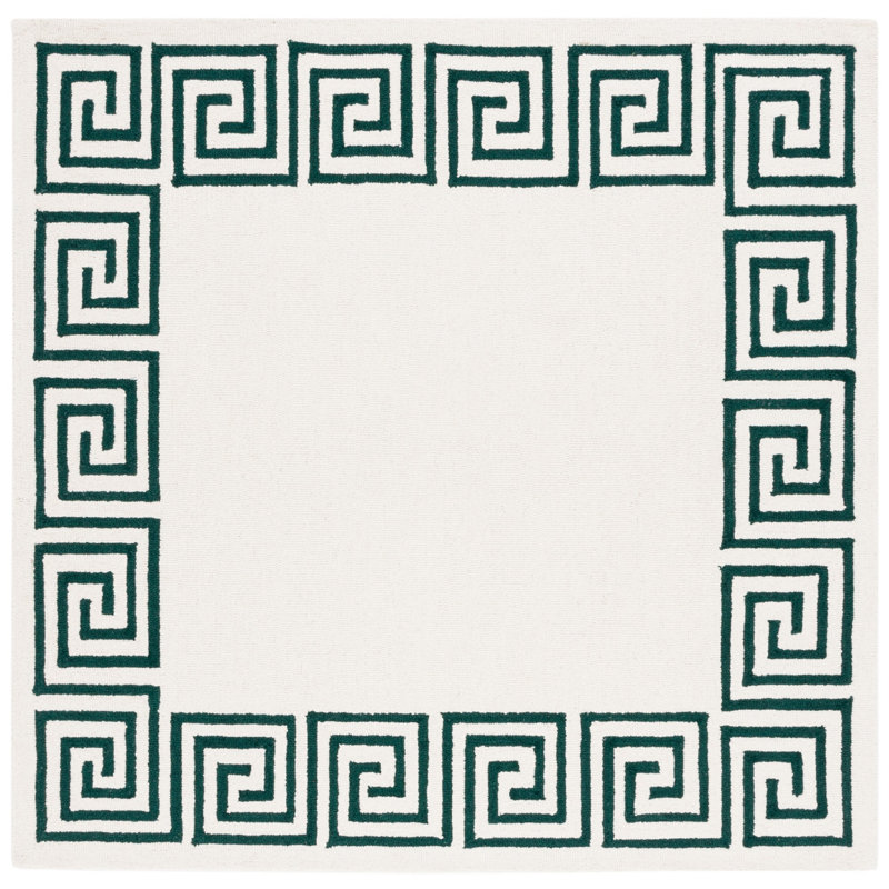 Tapis ivoire / vert en laine / coton touffeté à la main Diljana, Carré 6 pi