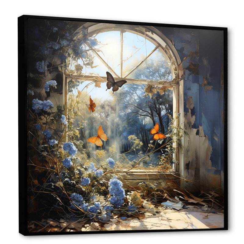 Cottage bleu ensoleillé papillon II - art mural papillon, H 36 po x l 36 po x P 1,5 po, Cadre flottant noir