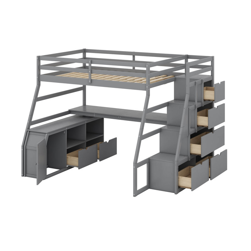 Lit mezzanine double avec tiroirs, Gris, Lit double