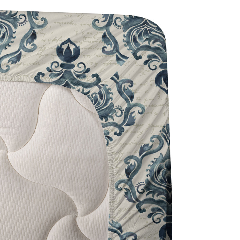 Ambesonne Watercolor Botany Sheet Set 4 Pcs Retro Boho Bloom, Tan Petrol Blue Damask