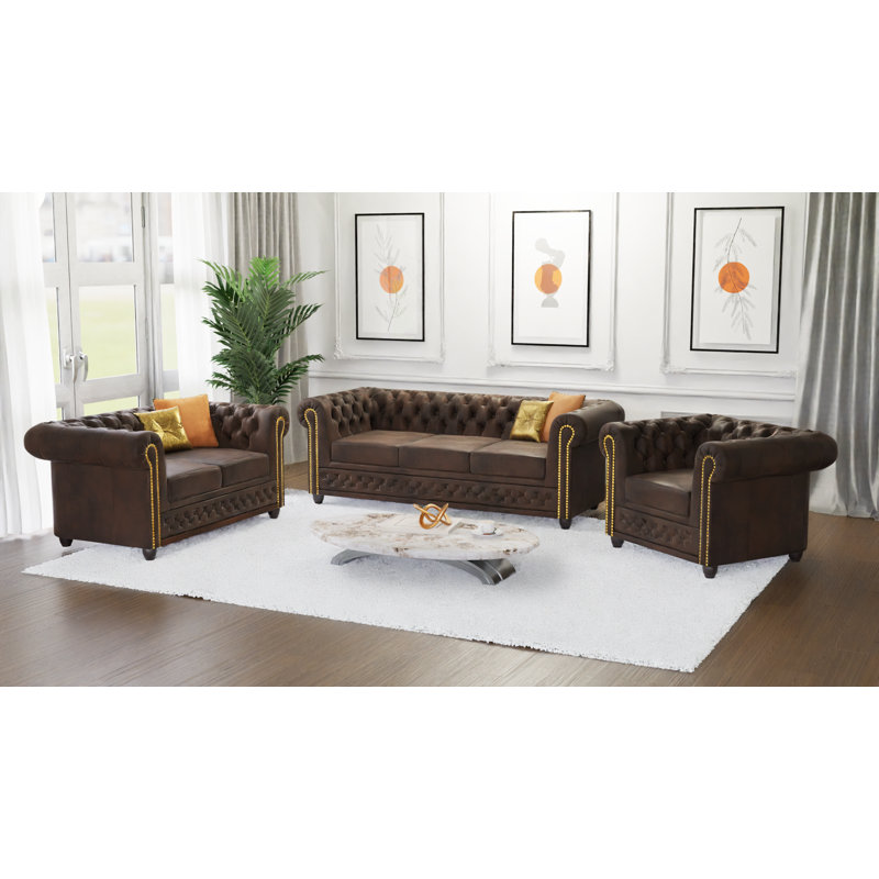 Chesterfield Friedrich Sofa Set 3+2+1 Made of Vintage Look Microfibre with Solid Wood Legs, Dark Brown